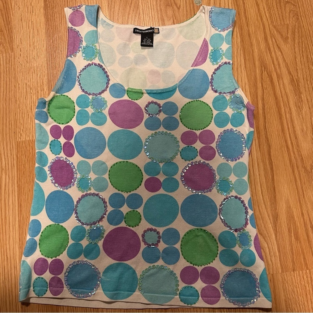 Vtg Women’s Large Sleeveless Tank Pastel Circles With Sequins Silk Nylon Blend